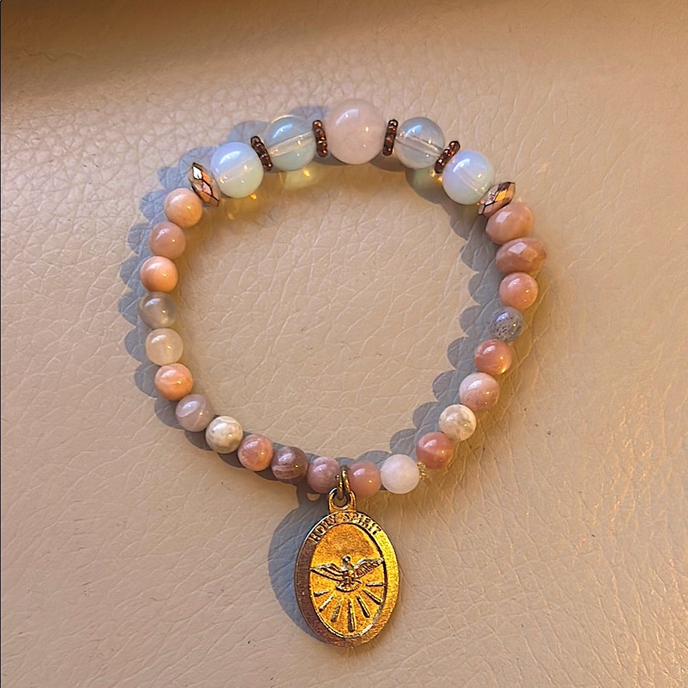 Rose Quartz, Opalite, and Beaded Bracelet with “Holy Spirit” Gold Charm